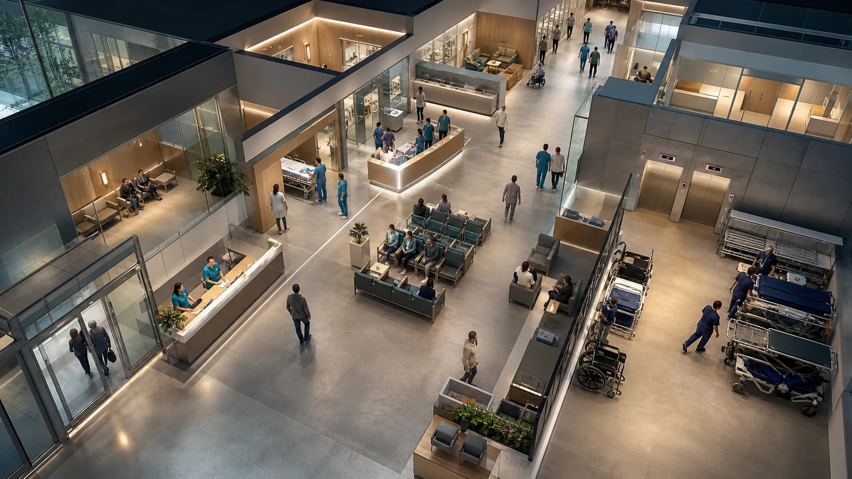 Wide illustrative hospital operations scene connecting entrance, registration, waiting, triage, rooms, corridors, lifts, and an equipment bay without patient identity.