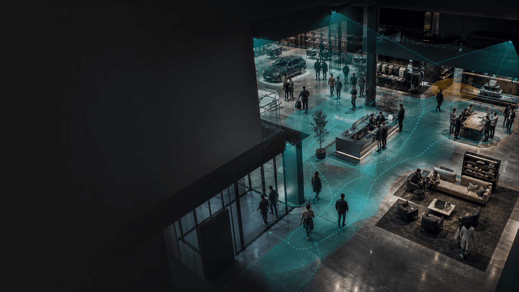 A multi-zone physical space made operationally readable through camera coverage and anonymous movement paths
