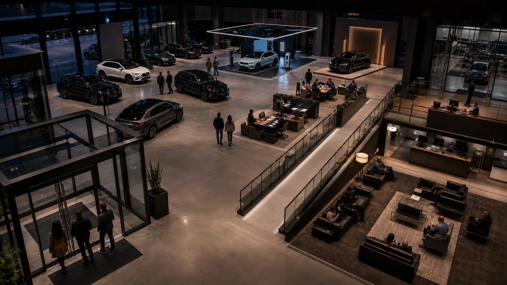 Illustrative automotive operating map with entrance, vehicle displays, EV area, consultation desks, service reception, and waiting lounge.