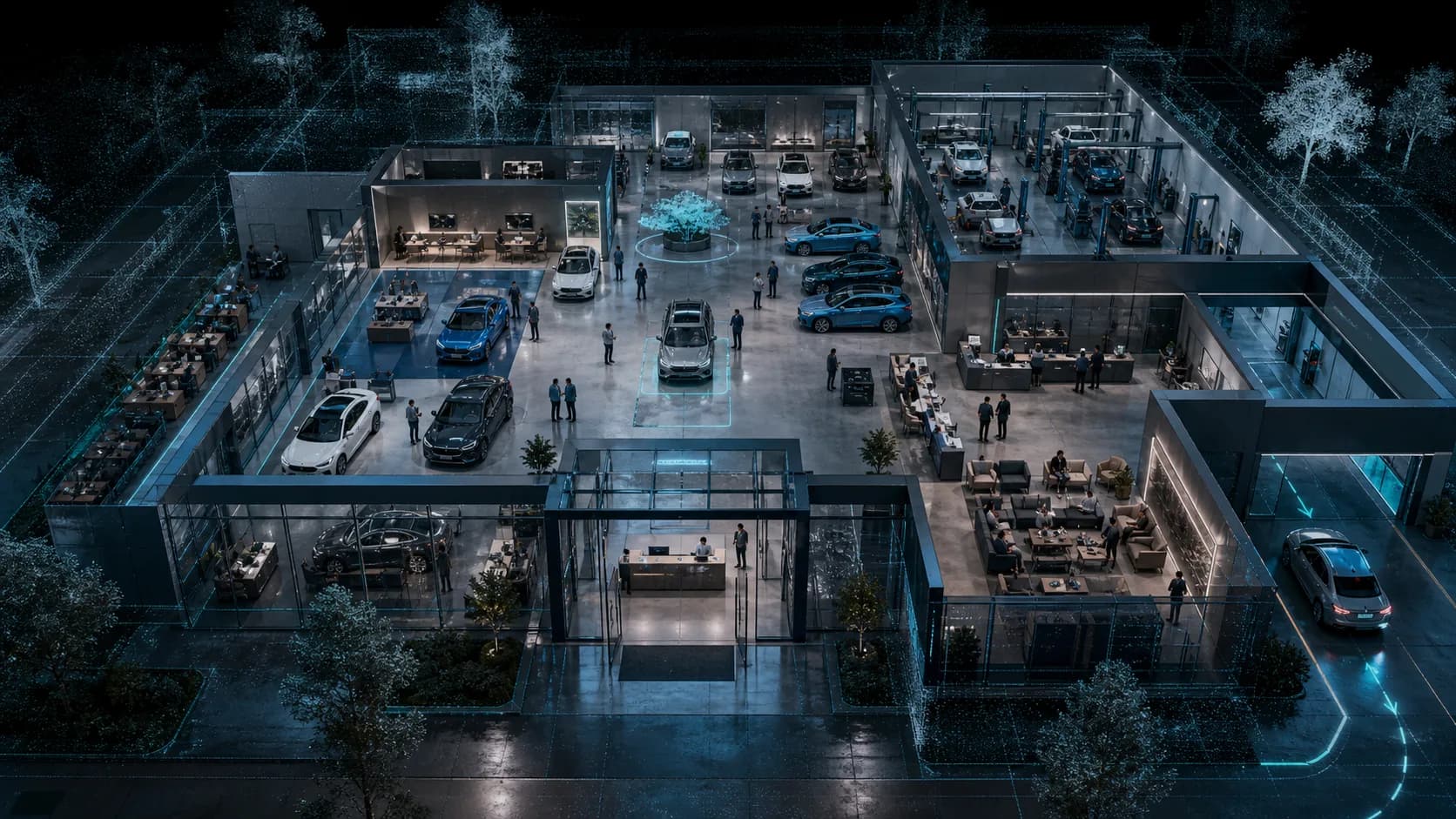 Elevated premium automotive showroom with entrance, greeting desk, waiting lounge and vehicle display areas.