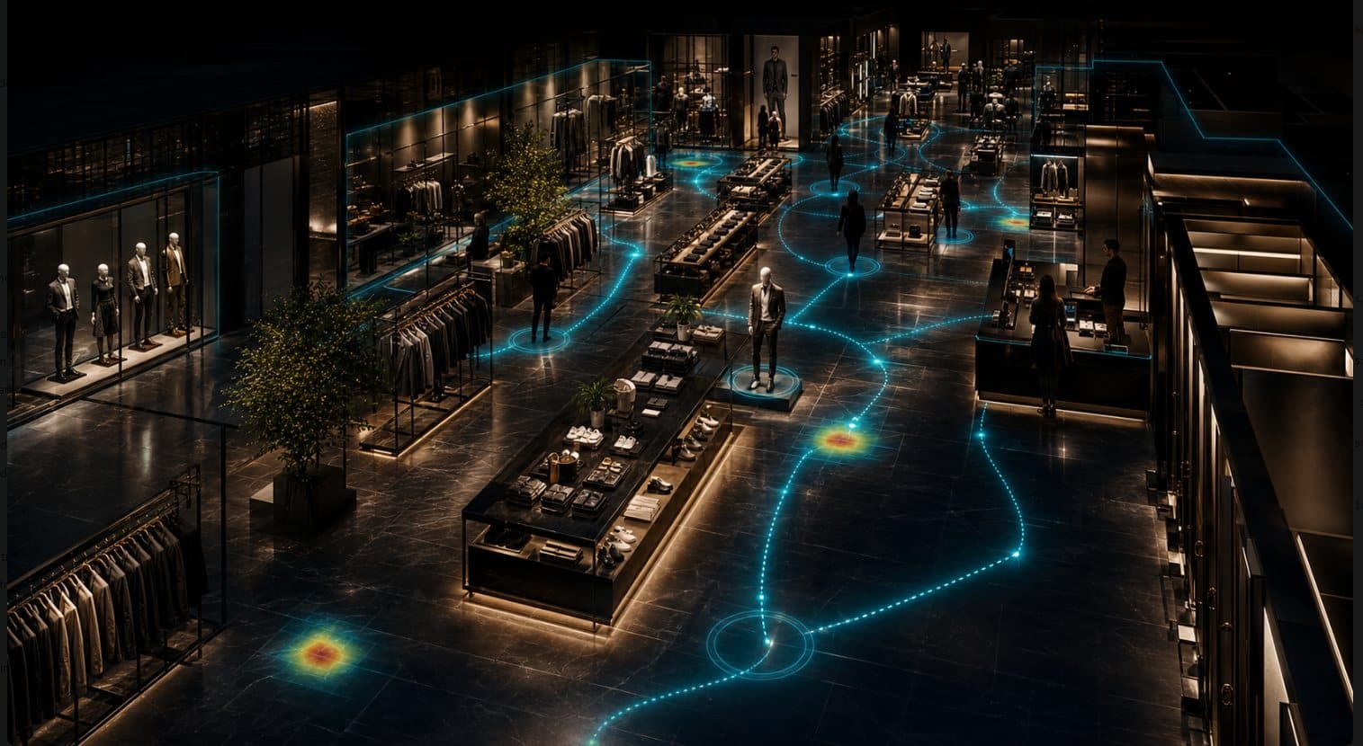 Illustrative apparel store with storefront, collections, a fitting-area corridor, and anonymous spatial paths.