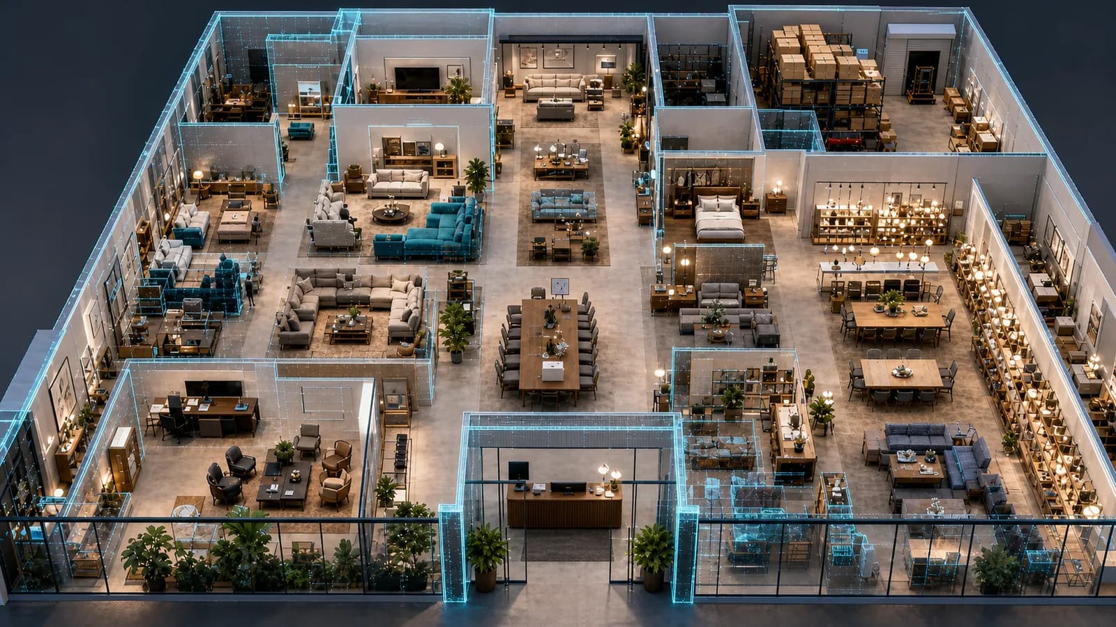 Wide furniture showroom with room sets, consultation zones, and anonymous group journeys.