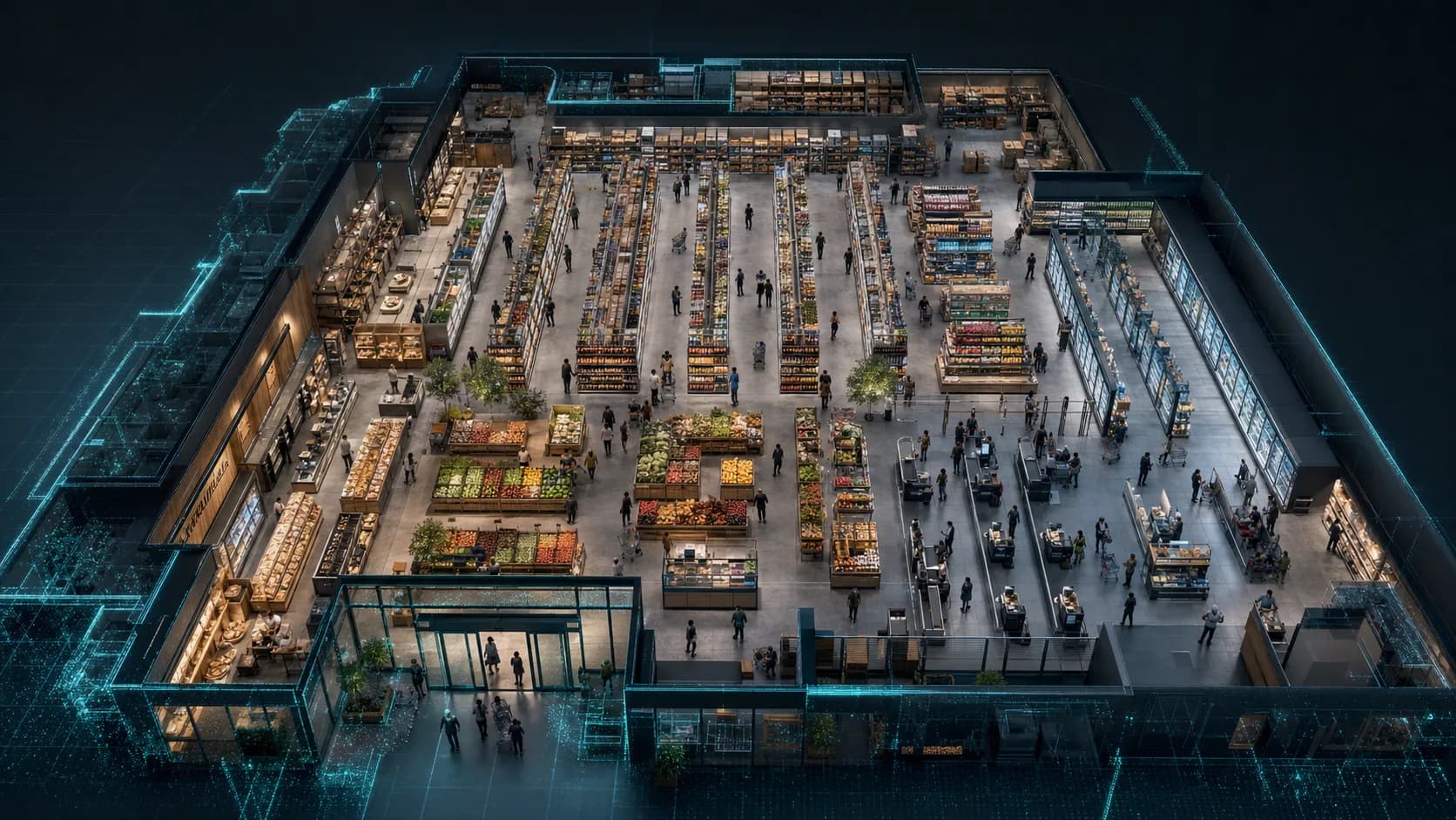 Wide grocery store with aisles, campaign endcaps, checkout queues, and anonymous flow.